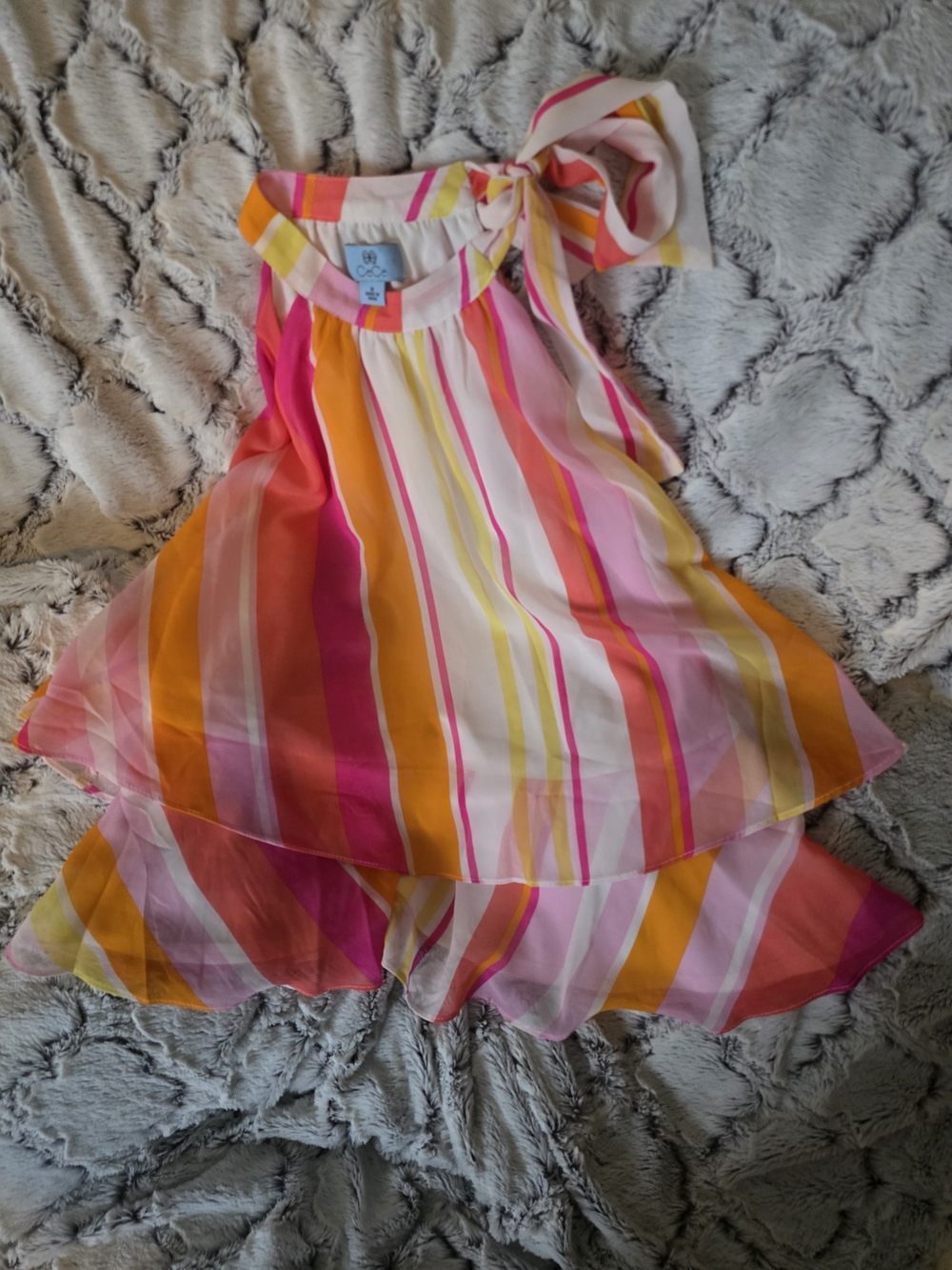 CeCe Flowy Striped Ruffle Tank Pink, Orange, Yellow Sz M EUC Beachy Preppy
